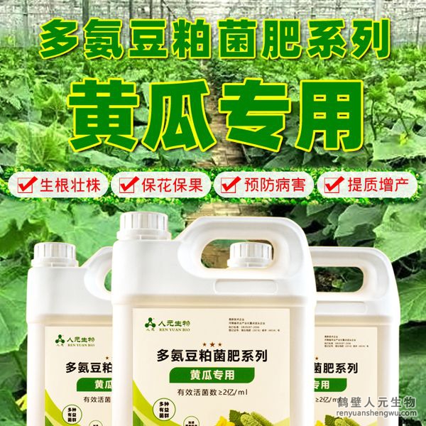 多氮豆粕菌肥系列黃瓜專用肥由河南省微生物菌劑工程技術(shù)研究中心研制，鶴壁市人元生物技術(shù)發(fā)展有限公司生產(chǎn)，本品是以固態(tài)發(fā)酵豆粕為主要原料，豆粕經(jīng)過有益微生物菌種發(fā)酵分解，充分釋放游離氨基酸，同時輔以枯草、地衣、膠凍樣芽孢桿菌等有益菌群。