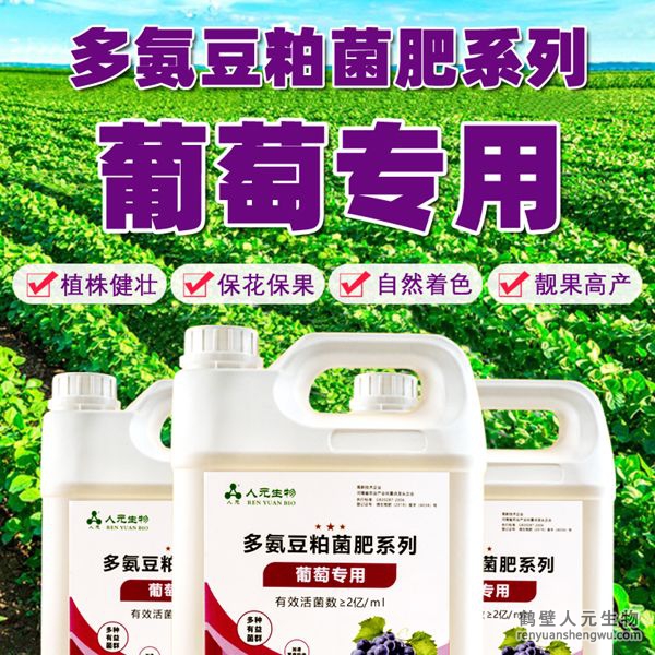 多氨豆粕菌肥系列葡萄專用肥由河南省微生物菌劑工程技術(shù)研究中心研制，鶴壁市人元生物技術(shù)發(fā)展有限公司生產(chǎn)，本品是以固態(tài)發(fā)酵豆粕為主要原料，豆粕經(jīng)過有益微生物菌種發(fā)酵分解，充分釋放游離氨基酸，同時(shí)輔以枯草、地衣、膠凍樣芽孢桿菌等有益菌群。